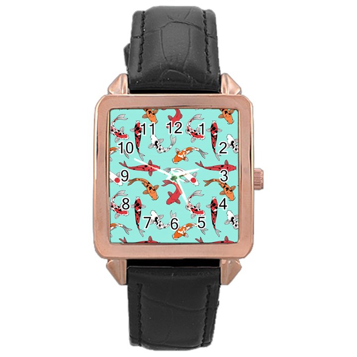 Pattern with koi fishes Rose Gold Leather Watch 