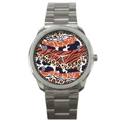 Mixed Animal Skin Print Safari Textures Mix Leopard Zebra Tiger Skins Patterns Luxury Animals Texture Sport Metal Watch by BangZart