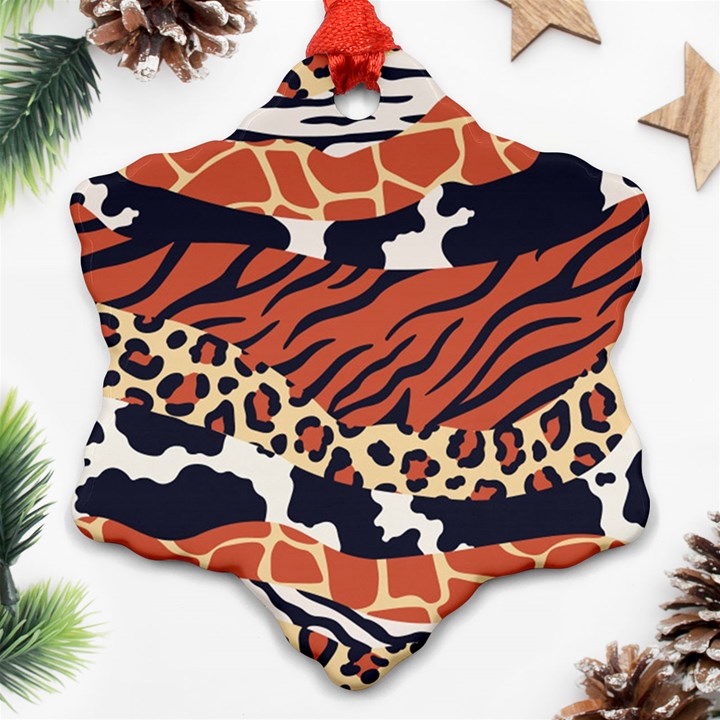 Mixed animal skin print safari textures mix leopard zebra tiger skins patterns luxury animals texture Snowflake Ornament (Two Sides)