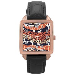 Mixed Animal Skin Print Safari Textures Mix Leopard Zebra Tiger Skins Patterns Luxury Animals Texture Rose Gold Leather Watch  by BangZart