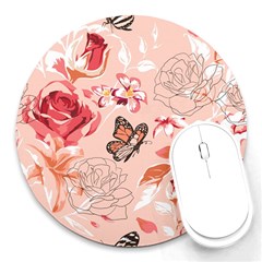 Beautiful Seamless Spring Pattern With Roses Peony Orchid Succulents Round Mousepads by BangZart