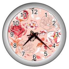 Beautiful Seamless Spring Pattern With Roses Peony Orchid Succulents Wall Clock (silver) by BangZart