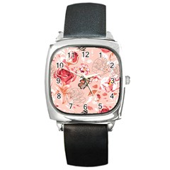 Beautiful Seamless Spring Pattern With Roses Peony Orchid Succulents Square Metal Watch by BangZart