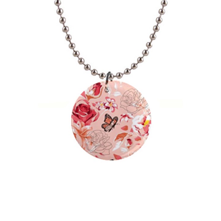 Beautiful seamless spring pattern with roses peony orchid succulents 1  Button Necklace