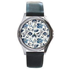 Indigo watercolor floral seamless pattern Round Metal Watch