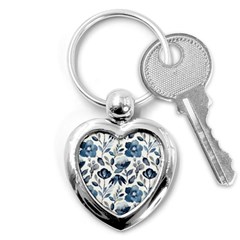 Indigo watercolor floral seamless pattern Key Chain (Heart)