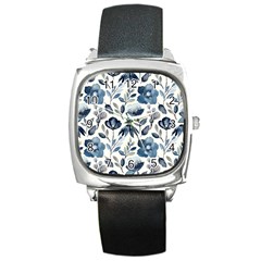 Indigo Watercolor Floral Seamless Pattern Square Metal Watch by BangZart