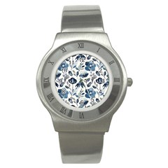 Indigo Watercolor Floral Seamless Pattern Stainless Steel Watch by BangZart