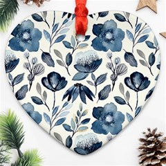 Indigo watercolor floral seamless pattern Heart Ornament (Two Sides)