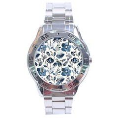 Indigo watercolor floral seamless pattern Stainless Steel Analogue Watch