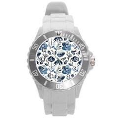 Indigo watercolor floral seamless pattern Round Plastic Sport Watch (L)