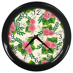 Cute Pink Flowers With Leaves-pattern Wall Clock (black) by BangZart