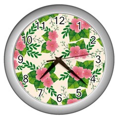 Cute Pink Flowers With Leaves-pattern Wall Clock (silver) by BangZart