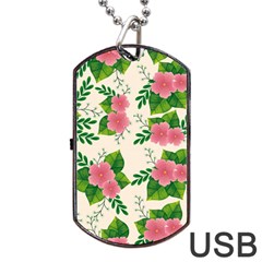 Cute Pink Flowers With Leaves-pattern Dog Tag Usb Flash (two Sides) by BangZart