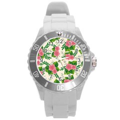 Cute Pink Flowers With Leaves-pattern Round Plastic Sport Watch (l) by BangZart