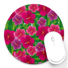 Background Cute Flowers Fuchsia With Leaves Round Mousepads by BangZart