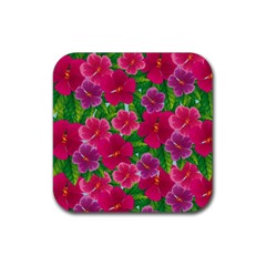 Background Cute Flowers Fuchsia With Leaves Rubber Coaster (square)  by BangZart