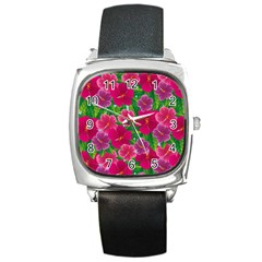 Background Cute Flowers Fuchsia With Leaves Square Metal Watch by BangZart