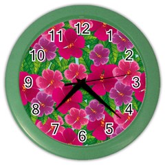 Background Cute Flowers Fuchsia With Leaves Color Wall Clock