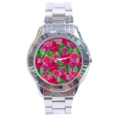 Background Cute Flowers Fuchsia With Leaves Stainless Steel Analogue Watch by BangZart