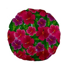 Background Cute Flowers Fuchsia With Leaves Standard 15  Premium Round Cushions