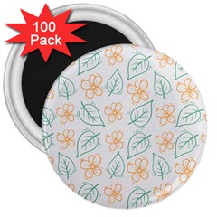 Hand Drawn Cute Flowers With Leaves Pattern 3  Magnets (100 Pack) by BangZart