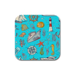 Colored Sketched Sea Elements Pattern Background Sea Life Animals Illustration Rubber Square Coaster (4 Pack)  by BangZart