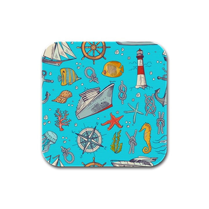 Colored sketched sea elements pattern background sea life animals illustration Rubber Square Coaster (4 pack) 