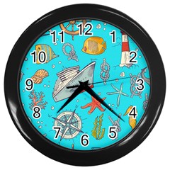 Colored Sketched Sea Elements Pattern Background Sea Life Animals Illustration Wall Clock (black) by BangZart