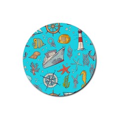 Colored Sketched Sea Elements Pattern Background Sea Life Animals Illustration Rubber Coaster (round)  by BangZart