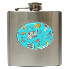 Colored Sketched Sea Elements Pattern Background Sea Life Animals Illustration Hip Flask (6 Oz) by BangZart