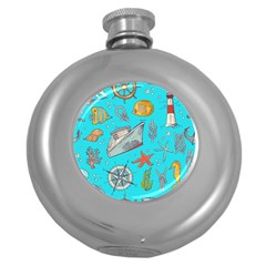 Colored Sketched Sea Elements Pattern Background Sea Life Animals Illustration Round Hip Flask (5 Oz) by BangZart