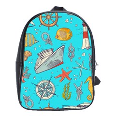 Colored Sketched Sea Elements Pattern Background Sea Life Animals Illustration School Bag (large) by BangZart