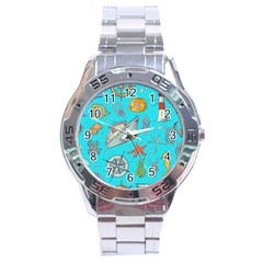 Colored Sketched Sea Elements Pattern Background Sea Life Animals Illustration Stainless Steel Analogue Watch by BangZart