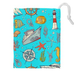 Colored Sketched Sea Elements Pattern Background Sea Life Animals Illustration Drawstring Pouch (4xl)