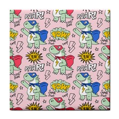 Seamless Pattern With Many Funny Cute Superhero Dinosaurs T Rex Mask Cloak With Comics Style Tile Coaster by BangZart