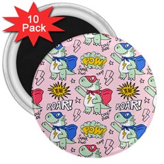 Seamless Pattern With Many Funny Cute Superhero Dinosaurs T Rex Mask Cloak With Comics Style 3  Magnets (10 Pack)  by BangZart