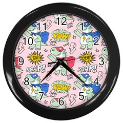 Seamless Pattern With Many Funny Cute Superhero Dinosaurs T Rex Mask Cloak With Comics Style Wall Clock (black) by BangZart