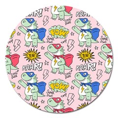 Seamless Pattern With Many Funny Cute Superhero Dinosaurs T Rex Mask Cloak With Comics Style Magnet 5  (round) by BangZart