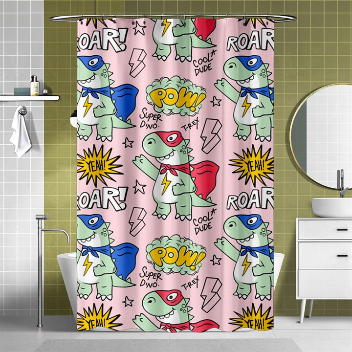 Seamless pattern with many funny cute superhero dinosaurs t rex mask cloak with comics style Shower Curtain 48  x 72  (Small) 