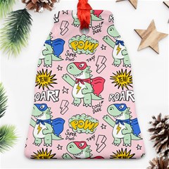 Seamless Pattern With Many Funny Cute Superhero Dinosaurs T Rex Mask Cloak With Comics Style Bell Ornament (two Sides) by BangZart