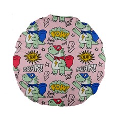 Seamless Pattern With Many Funny Cute Superhero Dinosaurs T Rex Mask Cloak With Comics Style Standard 15  Premium Round Cushions by BangZart