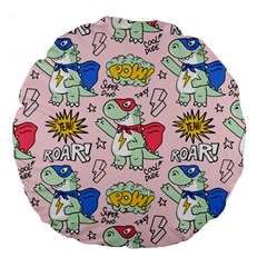 Seamless Pattern With Many Funny Cute Superhero Dinosaurs T Rex Mask Cloak With Comics Style Large 18  Premium Round Cushions by BangZart