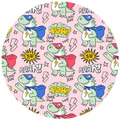 Seamless Pattern With Many Funny Cute Superhero Dinosaurs T Rex Mask Cloak With Comics Style Wooden Puzzle Round by BangZart