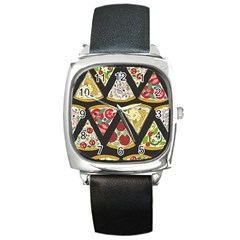 Vector Seamless Pattern With Italian Pizza Top View Square Metal Watch by BangZart