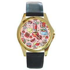 Tomato Seamless Pattern Juicy Tomatoes Food Sauce Ketchup Soup Paste With Fresh Red Vegetables Round Gold Metal Watch by BangZart