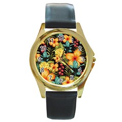 Fabulous Colorful Floral Seamless Round Gold Metal Watch by BangZart