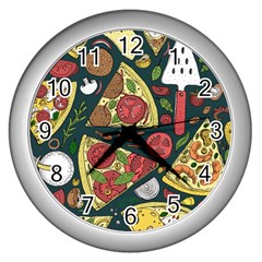 Vector Seamless Pizza Slice Pattern Hand Drawn Pizza Illustration Great Background Wall Clock (silver) by BangZart