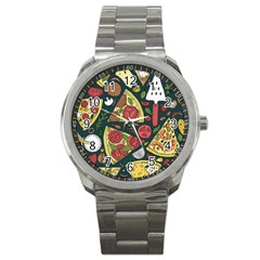 Vector Seamless Pizza Slice Pattern Hand Drawn Pizza Illustration Great Background Sport Metal Watch by BangZart