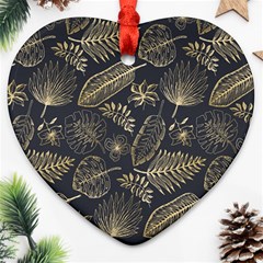 Elegant Pattern With Golden Tropical Leaves Heart Ornament (two Sides) by BangZart